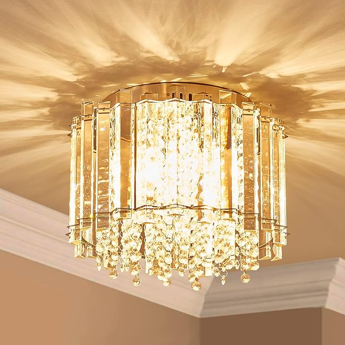 AGV LIGHTING CL026 K9 Crystal Ceiling Light Fixture, Flush Mount, Modern Design, D11 x H9.5, 4 x E12 Lights, Perfect for Living Room, Chrome Finish