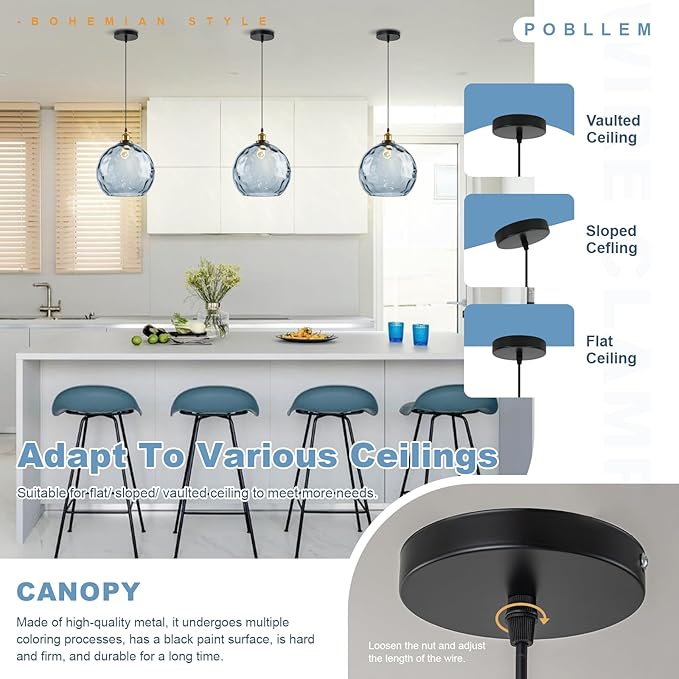 Blue Glass Pendant Lights Kitchen Island Pendant Lighting 13.8" Large Globe Pendant Light Hammered Glass Shade Adjusteble Hanging Light Fixtures for Bedroom Dining Room Living Room Hallway
