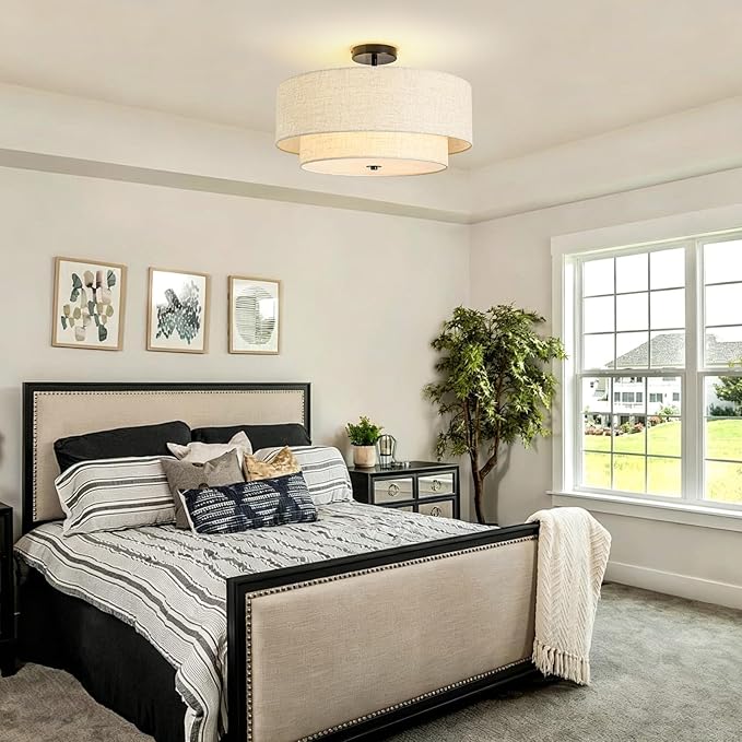 4-Light Semi Flush Mount Ceiling Light, 19.7" Double Drum Ceiling Light Fixture with Linen Fabric Shade, Modern Black Ceiling Light for Dining Room, Living Room, Bedroom, Kitchen, Hallway, Entryway