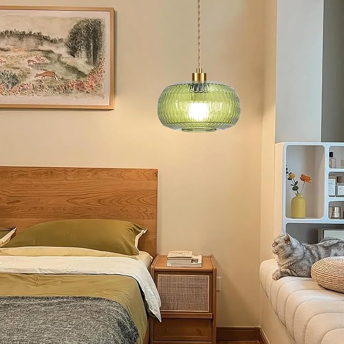 QIYIZM Plug in Pendant Light Glass Hanging Lights with Plug in Cord Boho Hanging Lamp Gold Mid Century Modern Vintage Dimmable Green Flower Plug in Chandelier Ceiling Fixture for Living Room,Kitchen