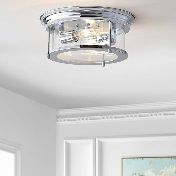 JONATHAN Y 13.25" Chrome 2-Light LED Flush Mount Ceiling Light Fixture, Modern Clear Glass Drum Shade, Industrial Farmhouse Lighting for Kitchen Hallway Bedroom (JYL7446C)