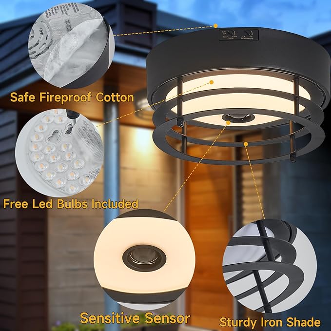 Yisuro Outdoor Ceiling Light with Motion Sensor Flush Mount Farm House Porch Light Ceiling Mount LED Light Fixture - Adjustable 3 Modes Sensor for Patio,Garage (Black)