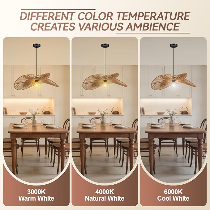 BoostArea Rattan Boho Chandelier Light Fixture,17.4" Hand Woven Wicker Pendant Light, Coastal Hanging Pendant Light for Kitchen Island Bedroom Living Room(Bulb not Included)