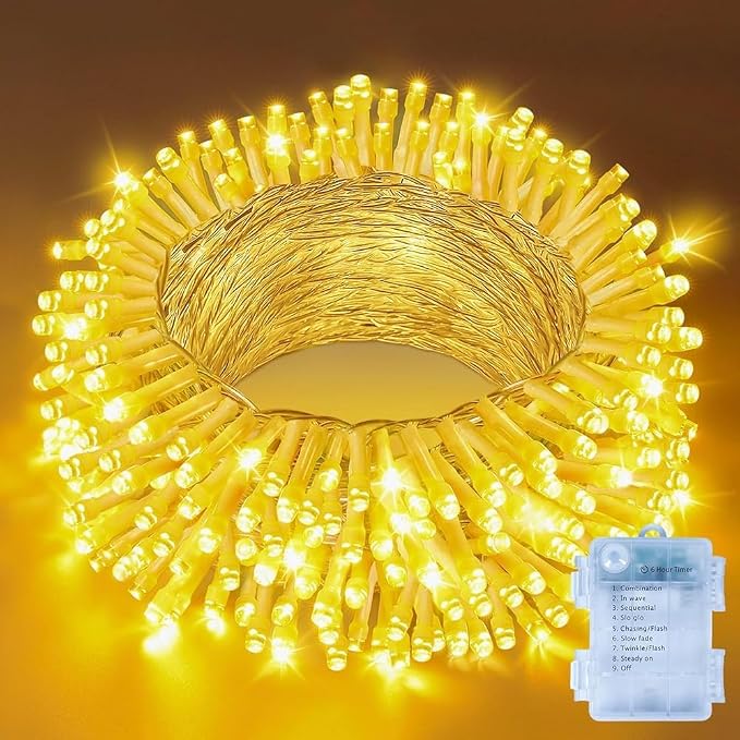 Ollny Fairy Lights Battery Operated, 100 LED 33FT Battery Powered String Lights, 8 Modes Waterproof LED Light for Bedroom Indoor Outdoor Camping Classroom Party Decor, Warm White