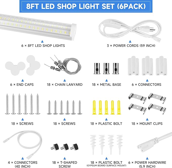 Phiwicsh 8FT U Shape 125W Integrated Tube Bright LED Light, 6500K Clear White, 20000LM - Flush Mount/Hanging Linkable LED Ceiling Lights for Garage, Plug&Play, 6 Pack