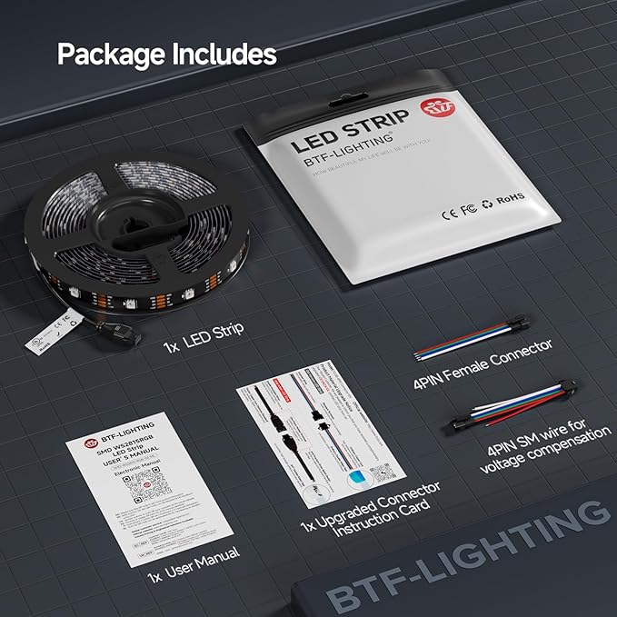 BTF-LIGHTING WS2815 (Upgraded WS2812B) LED Strip Light,UL Listed,16.4FT 150 LED/Pixels,Flexible Chasing RGB,Dual Signal Individually Addressable,5050SMD,3M Tape,DC12V IP65(No Adapter or Controller)