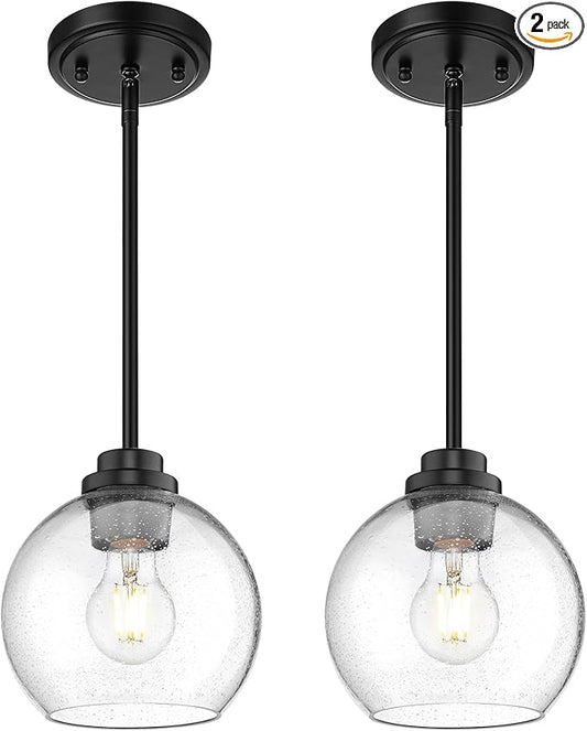 2-Pack Pendant Lights Kitchen Island, 7" Modern Black Hanging Lights Fixtures with Clear Seeded Glass Globe Shade, Kitchen Island Lighting for Bathroom, AD-22280-1P2-BK-S