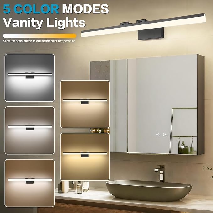 SOLFART Dimmable Matt Black Bathroom Vanity Light Light Fixtures for Bath 39.4 Inch 5 Color Temperature LED Light Above Mirror Bathroom Vanity Lights Over Mirror 5CCT