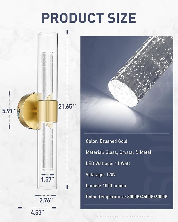 kudos Gold Bathroom Light Fixtures, Modern Sconces Wall Lighting with Crystal Bubble and Clear Glass, 3000K/4500K/6000K Adjustable, KDVL05-GD-2