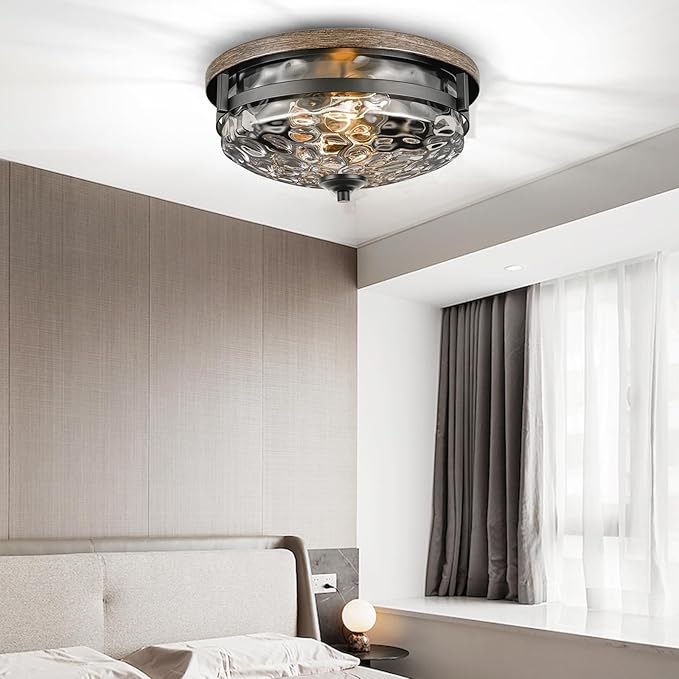 Edwarmlux Flush Mount Ceiling Lights, 2-Light Farmhouse Close to Ceiling Light, Industrial Ceiling Lighting Fixture for Kitchen Hallway Bedroom Living Room Stairways Porch (Water Ripple Glass)