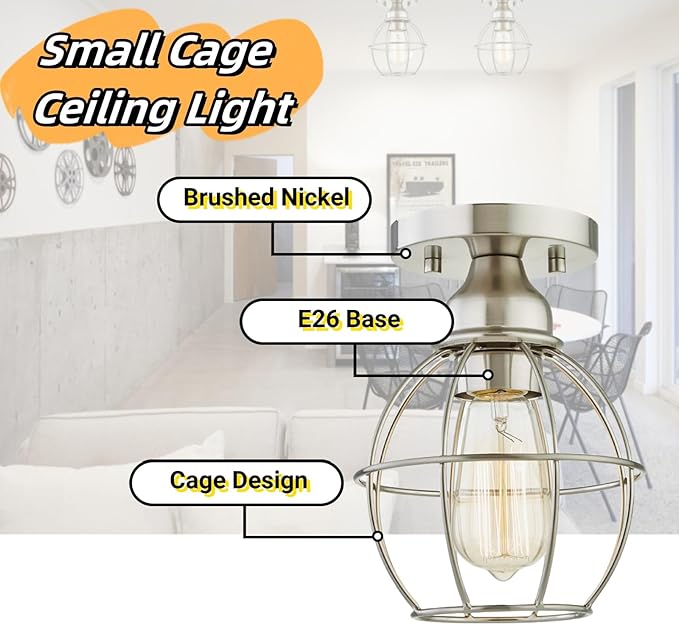 WISBEAM Brushed Nickel Semi Flush Mount Ceiling Light Fixture, Small Cage Ceiling Light E26 Medium Base MAX 60W, Metal Housing, ETL Rated, Bulbs NOT Included, 1-Pack