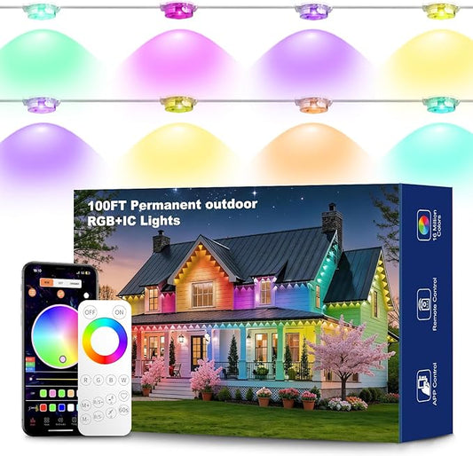 Permanent Outdoor Lights RGB Smart IC 100FT/50LEDs Decor IP68 Waterproof Music Sync Eaves Lights with Remote&APP Control Suitable for Holiday Decoration Christmas Garden Party Decor Deck