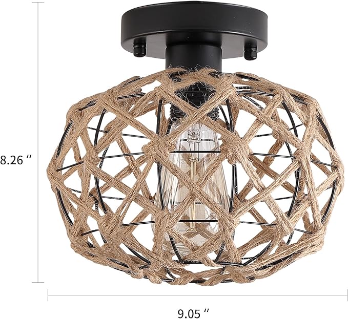 Coastal Woven Flush Mount Ceiling Light Fixture Small Boho Rustic Hemp Rope Cage Semi Flush Mount Ceiling Light for Kitchen Hallway Farmhouse Entryway Beach, Black