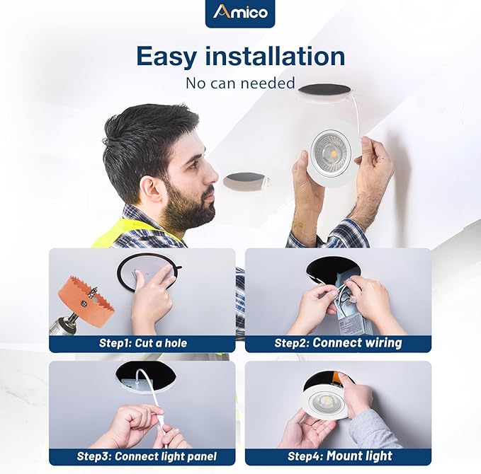 Amico 12 Pack 4 Inch 5CCT Gimbal LED Recessed Lighting, 360°&90°Adjustable Eyeball Directional Downlight, Dimmable, 2700K/3000K/3500K/4000K/5000K Selectable, 9W 700LM CRI90+, White, ETL&FCC