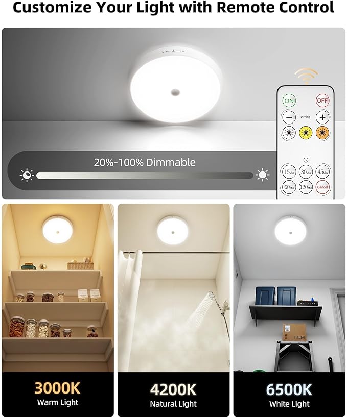 Motion Sensor Light Indoor, 3-Pack, 10000mAh, 7.1inch, 400LM, Remote Control, Dimmable, LED, Flush Mount, Wireless, Rechargeable, Battery Operated, Cordless, Ceiling Light, Closet Light, No Wiring