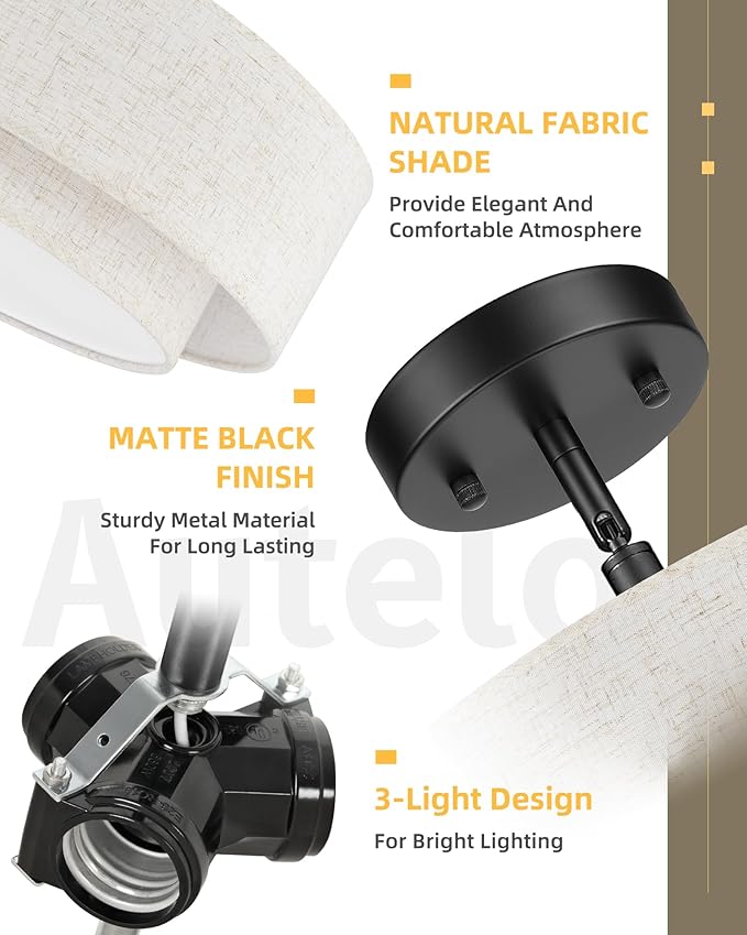 AUTELO Black Semi Flush Mount Ceiling Light, 3-Light 18" Flush Mount Ceiling Light in Black Finish with Drum Fabric Shade for Hallway Bedroom Kitchen, C2506 BK-18