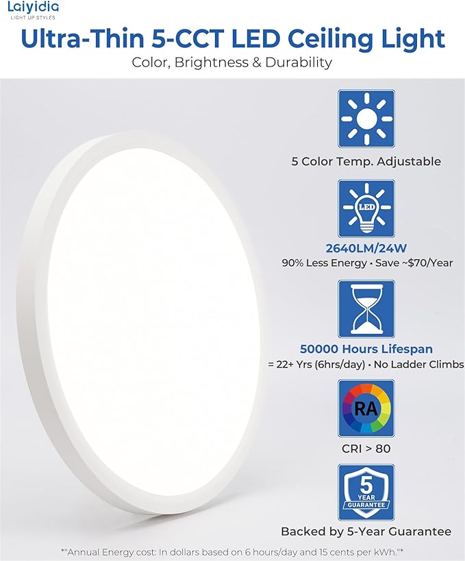 12 Inch LED Flush Mount Ceiling Light White, 5CCT 2700K-6500K, 2640LM 240W Equivalent, Slim Flat LED Light Fixture for Bedroom Laundry Hallway Closet