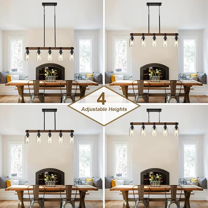 Dining Room Chandelier Over Table, 5-Light Farmhouse Kitchen Island Lighting, Matte Black Rustic Wood Chandelier with Clear Glass Shade, Ceiling Pendant Light Fixture for Kitchen