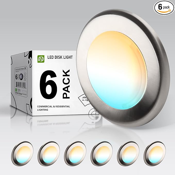 ASD 6 Pack LED Disk Lights 4 Inch, 10W 5CCT 2700K-5000K 685LM CRI90+, Dimmable Flush Mount Ceiling Light Fixture, Low Profile Surface Mount Disc, Junction Box or Recessed Can Install, UL