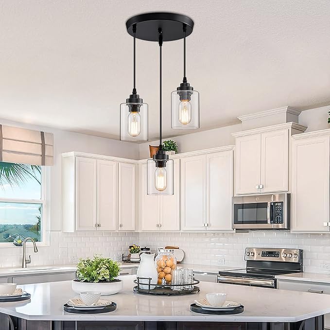 3-Light Pendant Lighting,3 Pendant Light Fixture for Kitchen Island,Dining Lamp Ceiling Hanging,with Adjustable Cord and Glass Shade for Farmhouse Living Dining Room Bar,Black