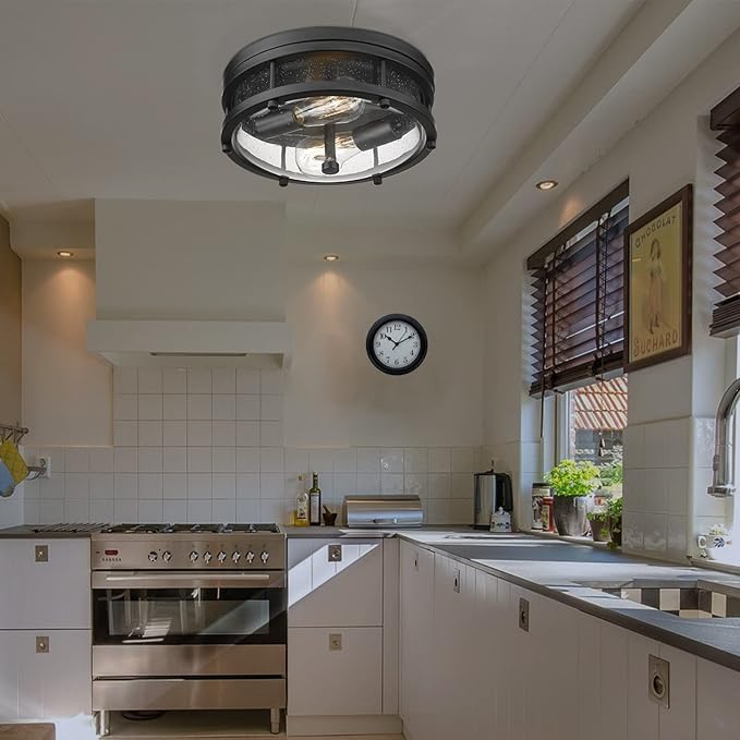 Flush Mount Ceiling Light Fixture, Modern Farmhouse Semi Ceiling Light with Seeded Glass for Bedroom, Entryway, Kitchen Hallway, ROS90 BK