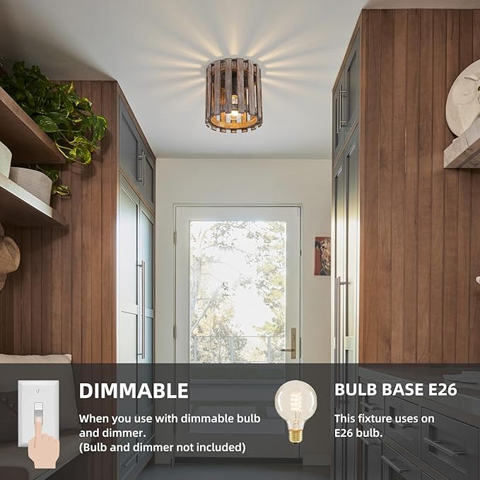 Farmhouse Flush Mount Ceiling Light, Wood Close to Ceiling Light, Rustic Hallway Light Fixtures for Kitchen, Dining Room, Living Room, Entryway