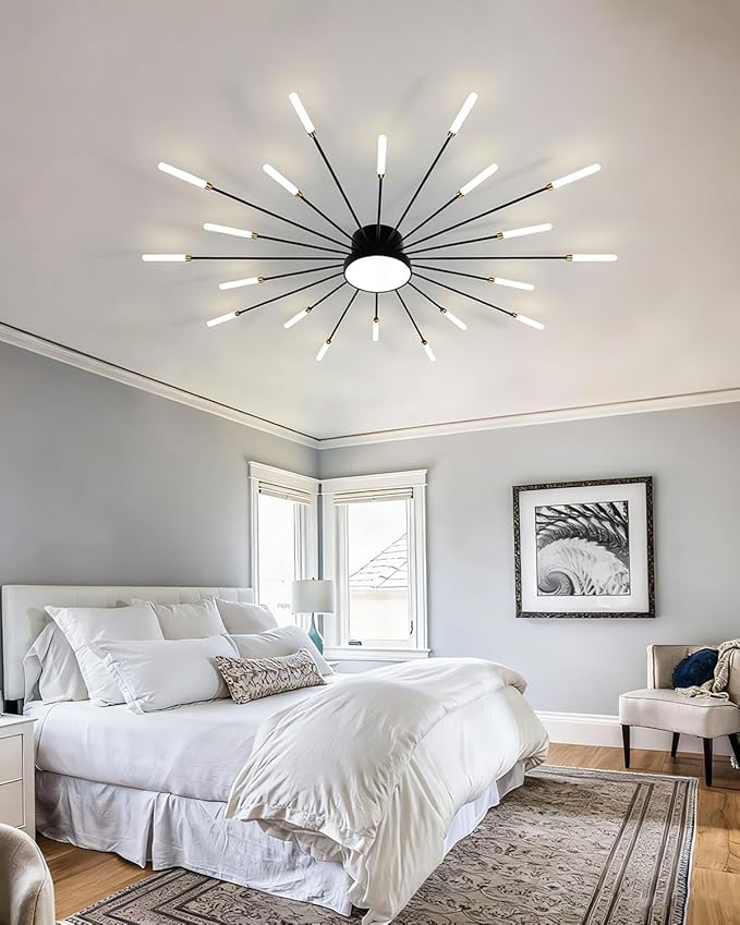 Modern Ceiling Light, 20+1 Lights Black Metal Firework Designed Led Lighting Fixture for Farmhouse Kitchen Dining Room Bedroom Hallway Living Room Sputnik Unique Chandelier