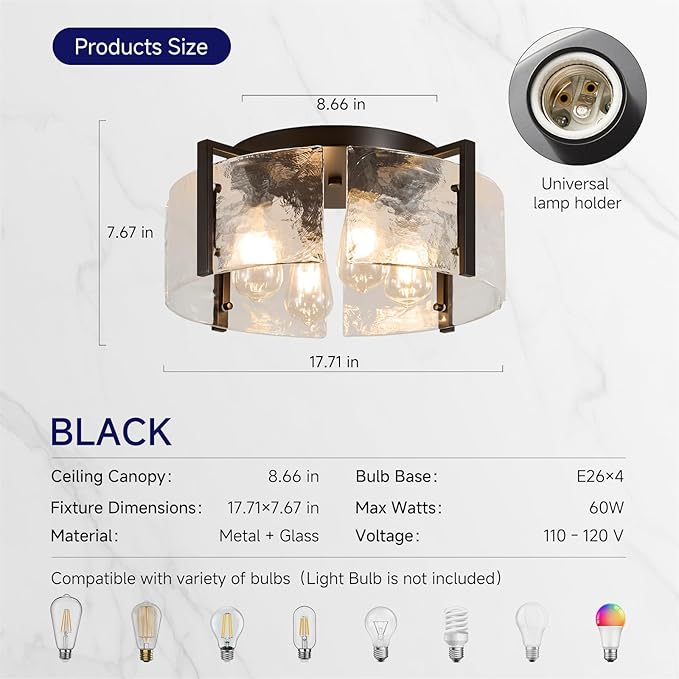 Semi Flush Mount Ceiling Light: 4 Light Drum Matte Black Ceiling Lights - Mid Century Modern Kitchen Lighting Fixtures - Vintage Hammered Glass Fixture for Entryway Farmhouse Bedroom Hallway Foyer
