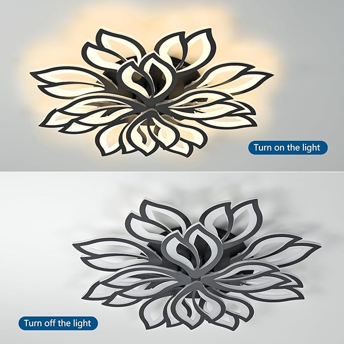 HuixuTe Modern Black Flower Ceiling Light Fixture, 30 Inch Dimmable Flush Mount with 12 Leaves, Low Profile for Living Room, Dining Room, Bedroom