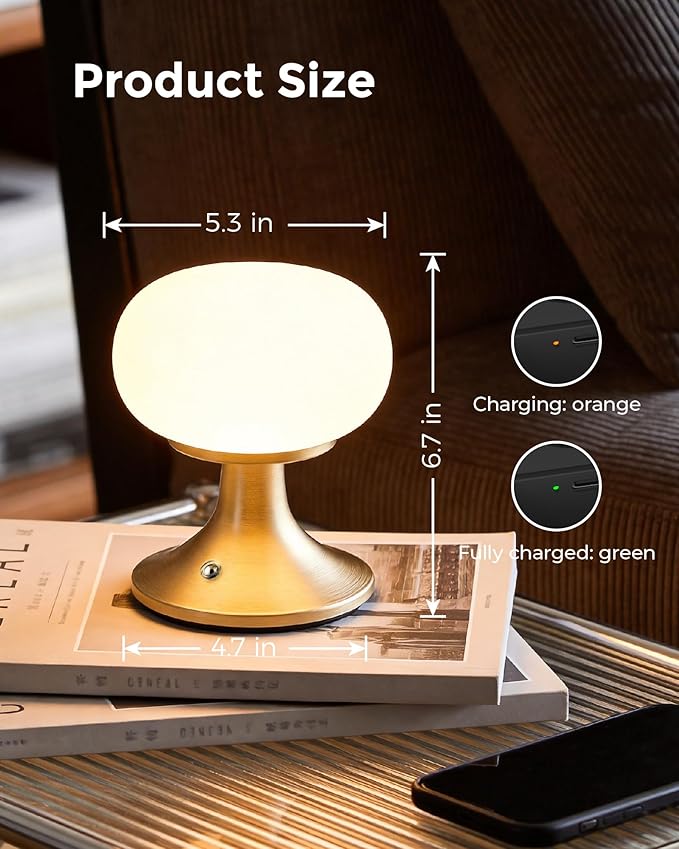 Cordless Table Lamp, LED Mushroom Lamp with Glass Shade & Stepless Dimming, Touch Control Nightstand Lamp for Bedroom,Living Room,Dining Table