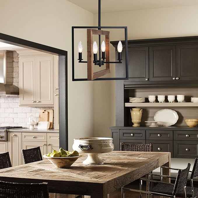 Lingkai Farmhouse Chandelier Rustic Kitchen Island Light Fixture, Industrial Pendant Lighting Fixtures Wood and Metal for Dining Room Pool Table