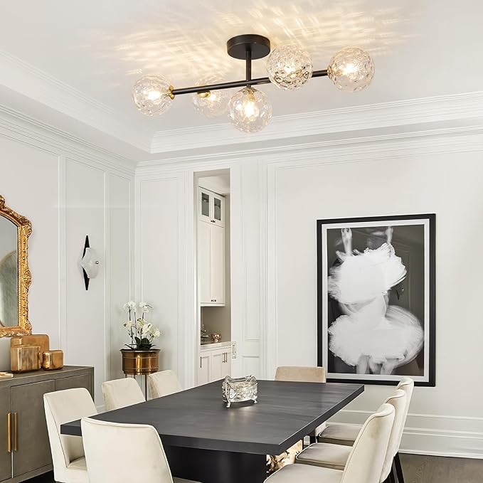 Modern Globe Glass Ceiling Light: 27 Inch Semi Flush Mount Light with Hammered Clear Glass Shade - 5 Lights Black Ceiling Lighting Fixture - Dimmable Linear Chandelier for Bedroom Living Room Entry