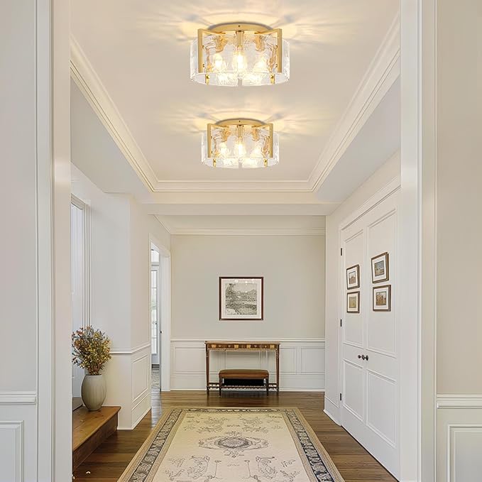 18.5'' Modern Gold Semi Flush Mount Ceiling Light, 4-Light Glass Drum Light Fixtures, Ceiling Lights for Hallway Foyer Entryway Bedroom Kitchen Island Dining Room Living Room Bathroom Lighting Fixture