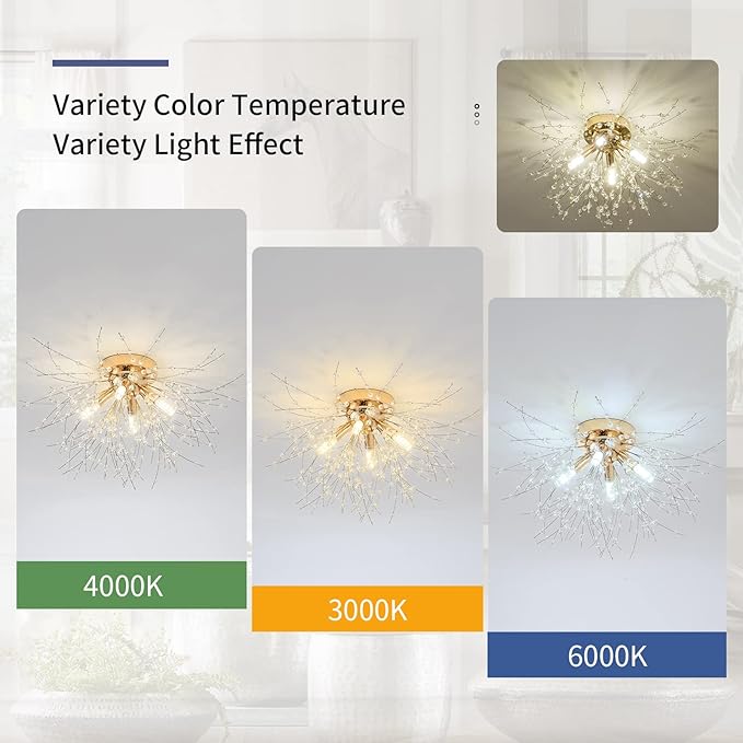 Modern Small Crystal Ceiling Light Fixture, 4-Light Gold Crystal Sputnik Firework Chandelier, Semi Flush Mount Ceiling Light Fixtures for Bedroom Kitchen Hallway Entryway Bathroom(H9.5'' x W17.7'')