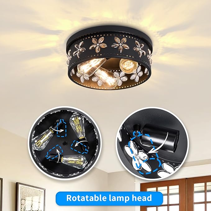 12.6 inch Black Flush Mount Ceiling Light Fixtures, 3-Light Ceiling Mount for Industrial, Crystal Light Fixtures for Farmhouse, Bedroom, Living Room, Kitchen, Hallway and Foyer (1 Pack)