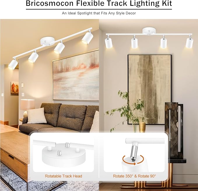 White Track Lighting Ceiling Fixture, Kitchen Light Fixtures, 30" 4-Light Rotatable LED Track Lights, Semi Flush Wall Sconces Lighting for Dining Room/Hallway/Office(GU10 Socket, Bulb Not Included)