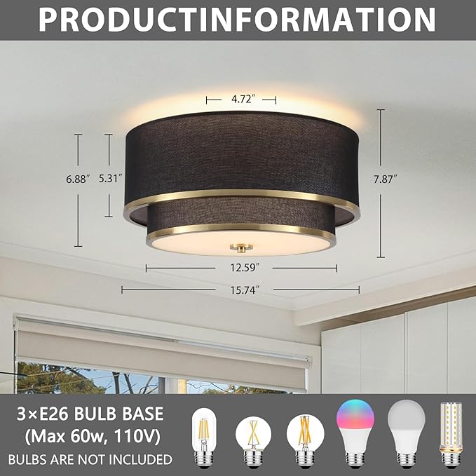 Luupyia 15.75 Inches Drum Ceiling Light Black and Gold, 3-Lights Fabric Simple Semi Flush Mount Ceiling Lights with Double Fabric Shade, Drum Overhead lighting for Bedroom Hallway Living Room E26, 60W