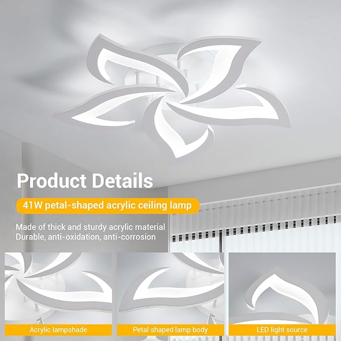 Dimmable 5-Petals Flower Ceiling Light, 3000K-6500K Changeable with APP/Remote Control, Modern LED Flush Mount Ceiling Lights Fixture for Living Room Bedroom Dining Room Kitchen