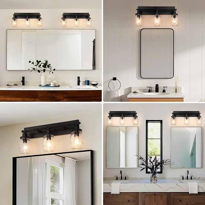 3-Light Bathroom Vanity Light, Black Bathroom Light Fixtures over Mirror, Vintage Wall Sconces with Clear Glass Shade, Industrial Farmhouse Mason Jar Wall Lamp for Bedroom Hallway Living Room