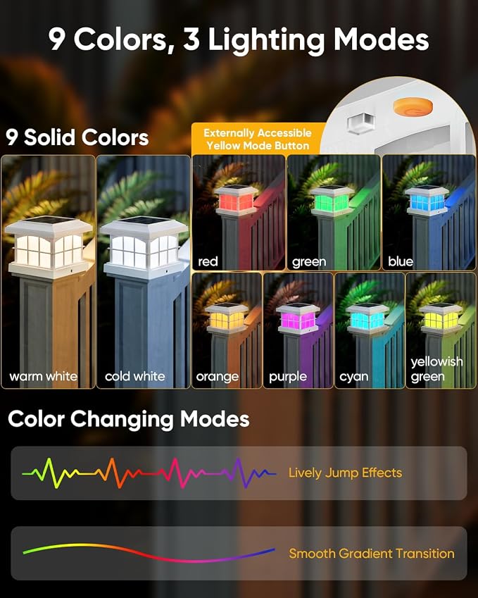 PARTPHONER RGBCW Solar Post Cap Lights 2-Pack, 9 Colors 3 Modes Fence Cap Lights, Bright Solar Outdoor Waterproof LED Deck Lighting for Fence Garden Deck Patio Porch Decor 4x4 Vinyl/Wood, White