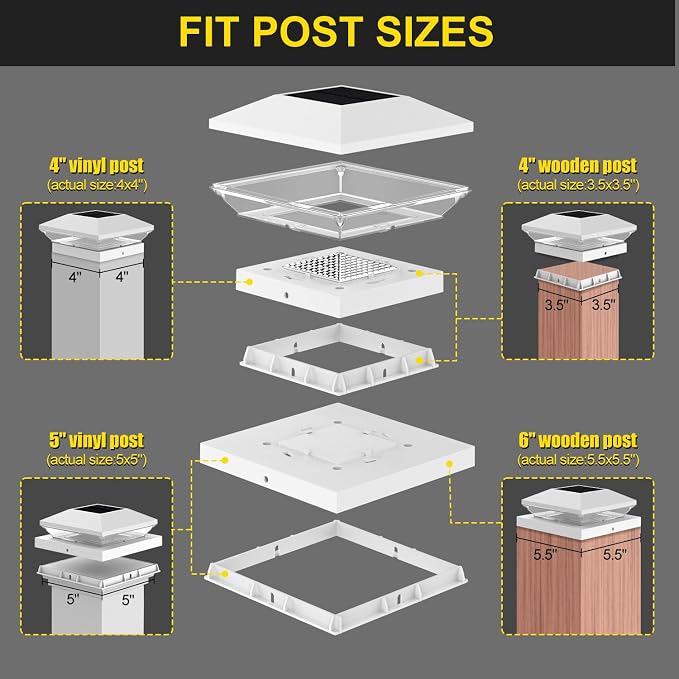 T-SUN Solar Post Cap Lights with Auto-Change Colors- for Wooden (4x4/6x6) & Vinyl (4x4/5x5) Posts | Weatherproof Outdoor Solar Fence Post Lights for Deck, Porch, Garden & Stairs(6-Pack,RGB)
