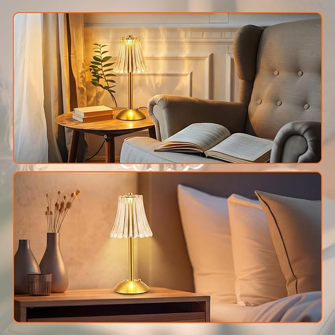 Liliful 1 Pcs Cordless Table Lamp Rechargeable Touch LED Small Gold Portable Battery Operated USB-c Desk Lamp 3 Color Dimmable for Bedroom Living Room Dining (Gold,Rose Style)