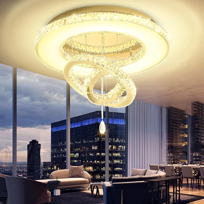 Flashing God Dia 32'' Modern Crystal Chandeliers for Living Room Crystal Flush Mount Ceiling Chandelier Large Chandeliers for Dining Room Bedroom Gold LED Dimmable 3000-6000K
