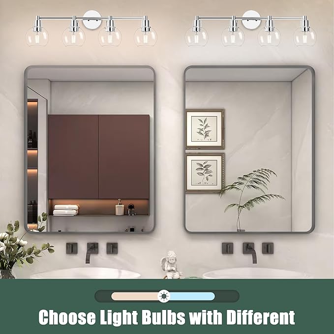 Espird 4 Lights Bathroom Vanity Light Fixtures Chrome, Bathroom Lights Over Mirror, Industrial and Farmhouse 4 Lights Wall Sconce, Polished Chrome Globe Vanity Lighting Fixtures