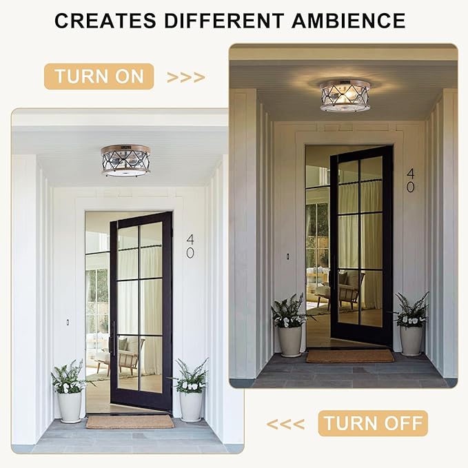 Motion Sensor Outdoor Flush Mount Ceiling Light, Industrial Glass Rustic Wood-Like Finish 2-Light Ceiling Lamp for Porch, Entryway, Garage, Timer and Sensitivity Adjustable (Wood-Like-Round)
