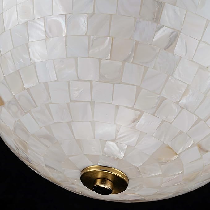 D12 inch Modern Capiz Shell Ceiling Light, 2-Light Coastal Design Semi-Flushmount Light Fixture for Dining Room, Hallway, Bedroom, D12xH10 inch, Shell Lampshade & Gold Finish Frame