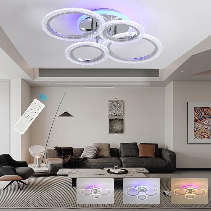 Modern Ceiling Light,50W Flush Mount Ceiling Lights,Dimmable lampara de techo para sala,4 Rings Lighting Fixture Ceiling Lamps for Living Room, Bedroom,Kitchen,Laundry Room,3000-6000K,Chrome