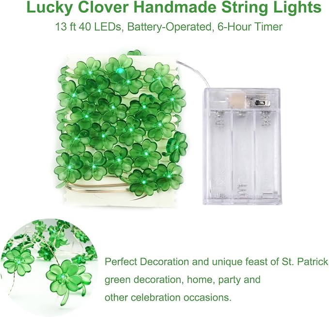 BOHON St Patricks Day Decorations Shamrocks String Lights 13 ft 40 LEDs | Battery Operated Lucky Clover Green Lights for St Patrick's Day Accessories Office the Home Saint St. Patrick's Day Decor