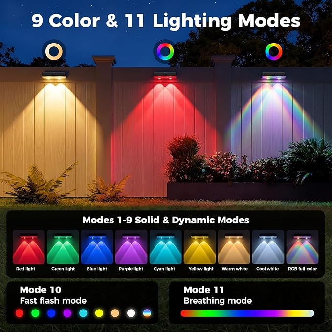 kolpop Solar Fence Lights Outdoor,11 Modes & 9 Colors Fence Lights Solar Powered,IP65 Waterproof, 60LM LED Solar Lights for Patio,Backyard,Outside,Railing,Wall,Nighttime,Party,Pool,6 Pack