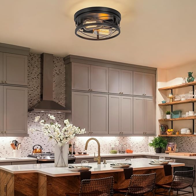 Farmhouse Ceiling Light Fixture Black Flush Mount Ceiling Light 2-Light Industrial Metal Cage Ceiling Lights for Hallway, Foyer, Kitchen, Dining Room Bedroom Living Room Laundry